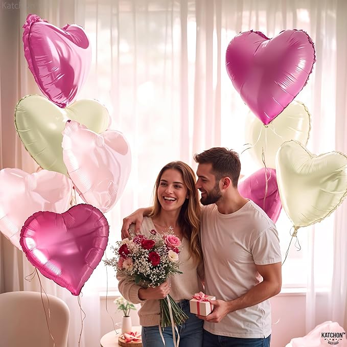 KatchOn, Pastel Valentines Heart Balloons Foil - 18 Inch Pack of 12 | Heart Shaped Balloons for Valentines Day Decorations | Galentines Balloons, Galentines Day Decorations | Valentines Heart Balloons