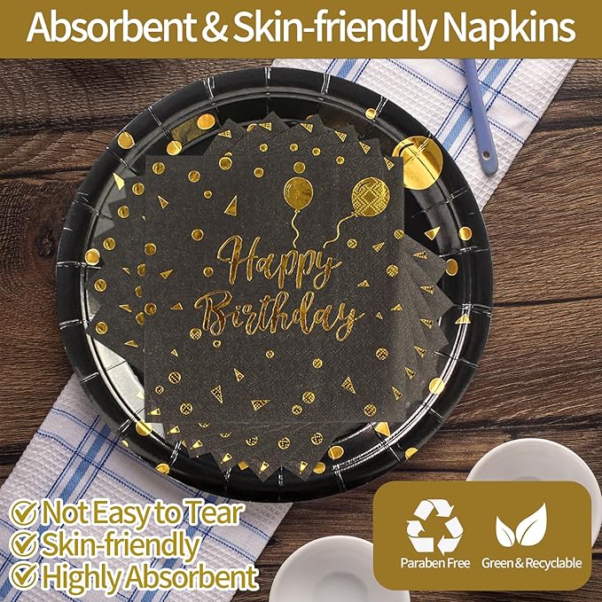 90PCS Happy Birthday Plates and Napkins Party Supplies, Disposable Black Gold Dot Dessert Paper Plates Napkins with Forks Tableware Set Party Decorations for Girl Women Birthday Parties