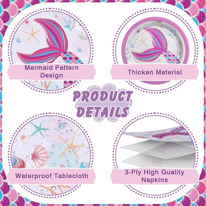 Mermaid Birthday Decorations, 170 Pcs Mermaid Party Supplies, Including Banner, Plates, Cups, Napkins, Cutlery and Tablecloths, Serves 24