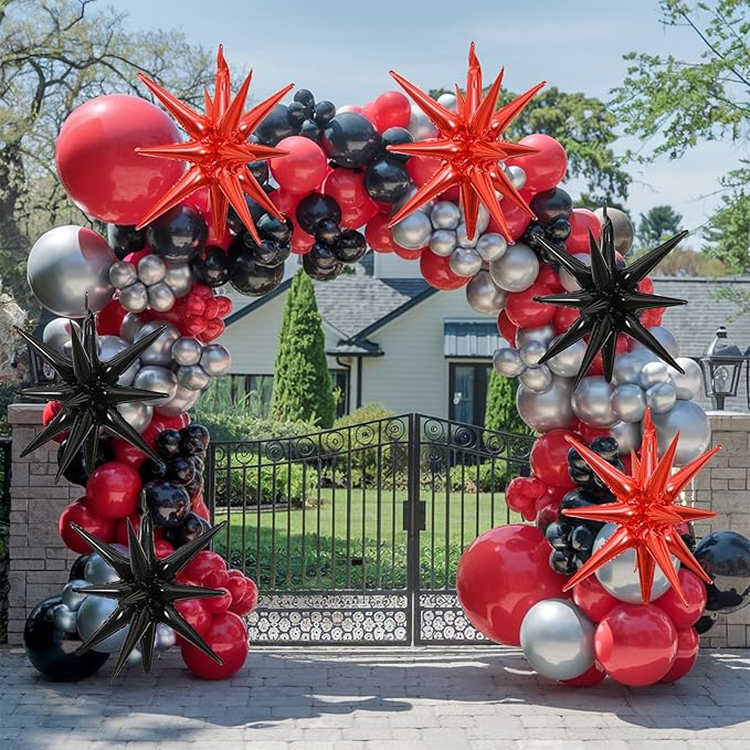 6PCS Black Red Star Balloons, 22Inch Large Star Balloon Foil Balloons Spike Cone Balloon for Birthday Anniversary New Year Halloween Vampire Casino Party Decorations
