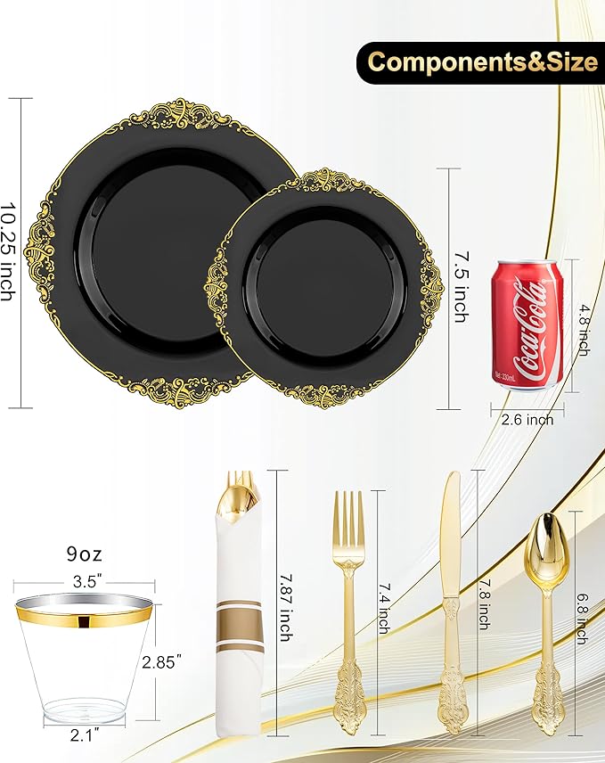 Nervure 175PCS Black Plastic Plates - Disposable Black Gold Party Plates & Pre Rolled Napkins with Cutlery for 25 Guests, 50Plates, 75Silverware, 25Cups, 25Napkin for Wedding & Party & New Year