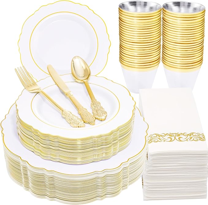 350 Pieces Gold Disposable Plates for 50 Guests, Plastic Plates for Party, Dinnerware Set of 50 Dinner Plates, 50 Salad Plate, 50 Spoons, 50 Forks, 50 Knives, 50 Cups for Thanksgiving