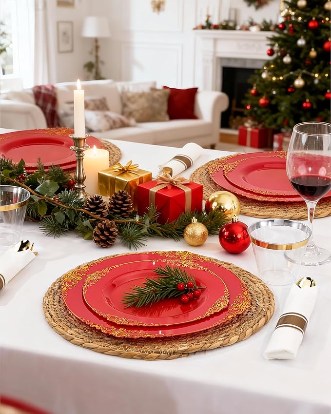 Nervure 175PCS Red Plastic Plates - Disposable Red Gold Party Plates & Pre Rolled Napkins with Cutlery for 25 Guests, 50Plates, 75Silverware, 25Cups, 25Napkin for Wedding & Party & Independence