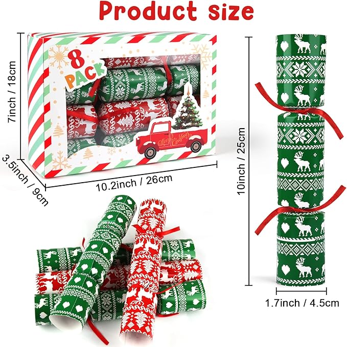 8 Pack Christmas Party Favor No-Snap, Red & Green Xmas Design Includes Party Hat, Joke & Gifts, Christmas Table Decorations for Kids, Holiday Dinner Traditions Party Supplies, Stocking Stuffers