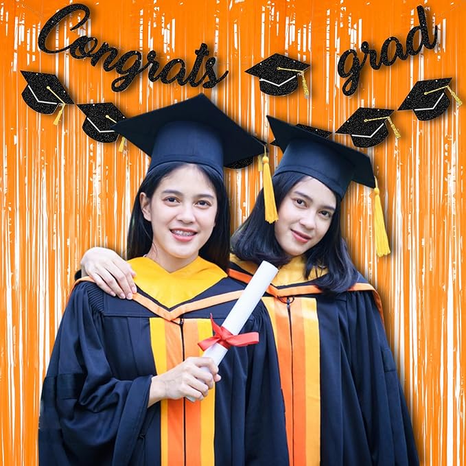 Foil Fringe Curtains Halloweens Decorations - Orange Tinsel Photo Backdrop Party Streamers for St Patricks Day, Easter, Birthdays, Fall, Pumpkin Theme, Thanksgiving, Basketball Party Decorations