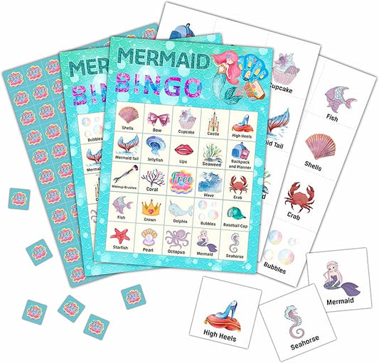 Mermaid Bingo Cards, Mermaid Bingo Games for 24 Players, Under The Sea Party Games for Family Friends Large Group Activities, Ocean Themed Birthday Party Supplies Decorations(31)