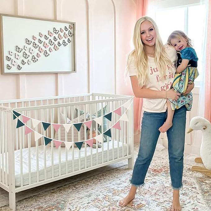 2 Sets of Dusty Pink Green Beige Pennant Banner 24Pcs Flags Nursery Garland Linen Fabric Triangle Bunting Streamers for Kids Girls Birthday Boho Baby Shower Wedding Party Decorations Baby Room Decor