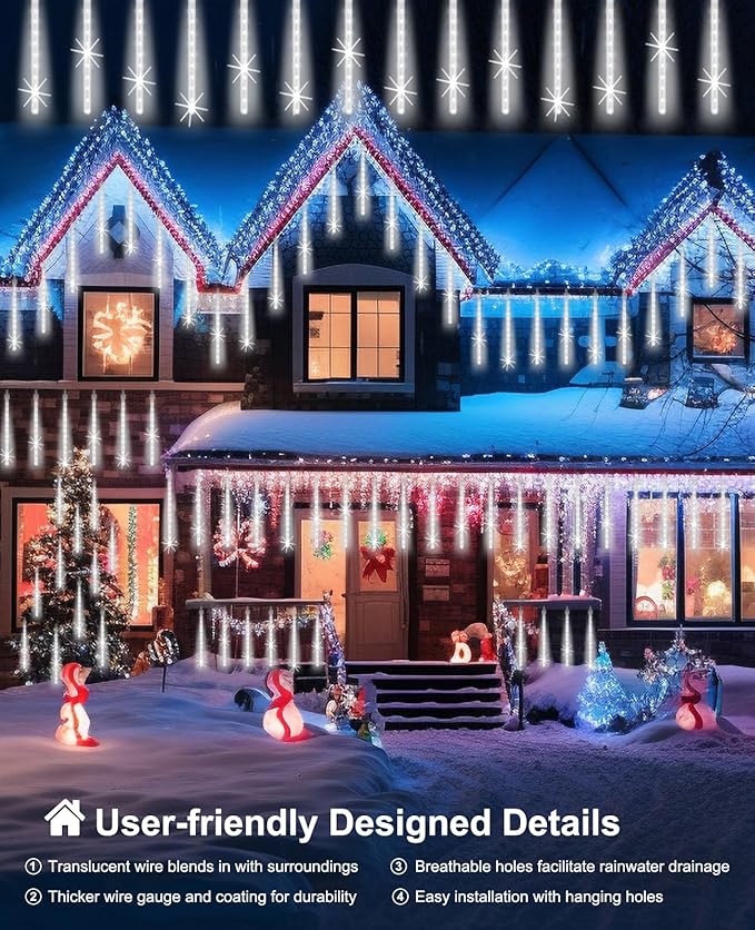 Christmas Lights Outdoor 16 Inch 20 Tubes Meteor Shower Rain Light, Waterproof Falling Icicle String Lighting for Xmas Tree Yard House Decor,Shine White