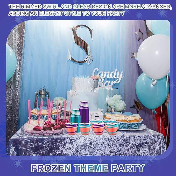 Gejoy 9 oz Rimmed Swirl Plastic Cups Disposable Wine Drinking Cups Clear Elegant Halloween Tumblers for Christmas Party Supplies(Purple, Blue,100 Pcs)