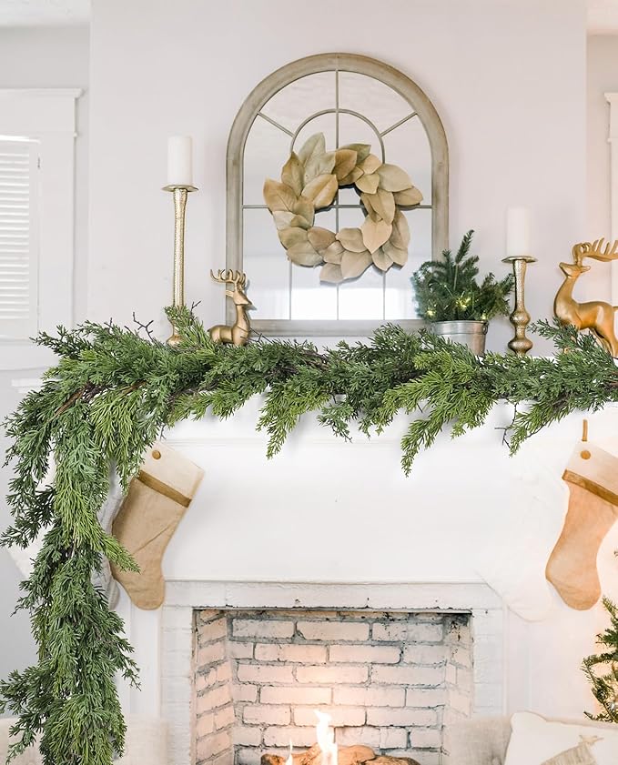 Christmas Pine Garland Greenery Decoration, Artificial Cedar Branches Cypress Garland for Holiday Fireplace Mantel Table Centerpiece