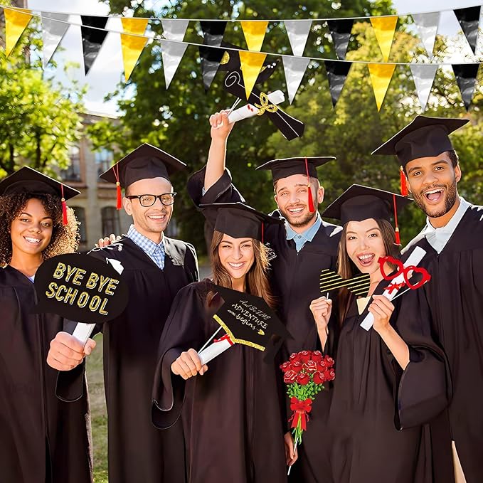 32.8FT Black Gold Silver Glitter Triangle Pennant Banner Flag Metallic Bunting Fabric Garland for Christmas Wall Hanging,Graduation, New Years Decorations,Father' Da Decorations Party Decor