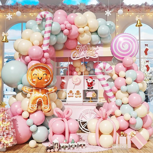 Christmas Balloon Arch Kit, Pink Green Ivory White Balloons with Gingerbread Man Candy Lollipop Foil Balloons for Christmas Party Decorations New Year Party Supplies