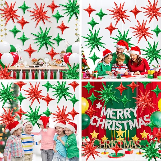 Red Green Star Balloons,Explosion Star Balloons Kit with 6Pcs 22Inch Cone Star Foil Balloons and 10Pcs 10Inch Four Pointed Star Balloons for Christmas Birthday Anniversary Party Decorations