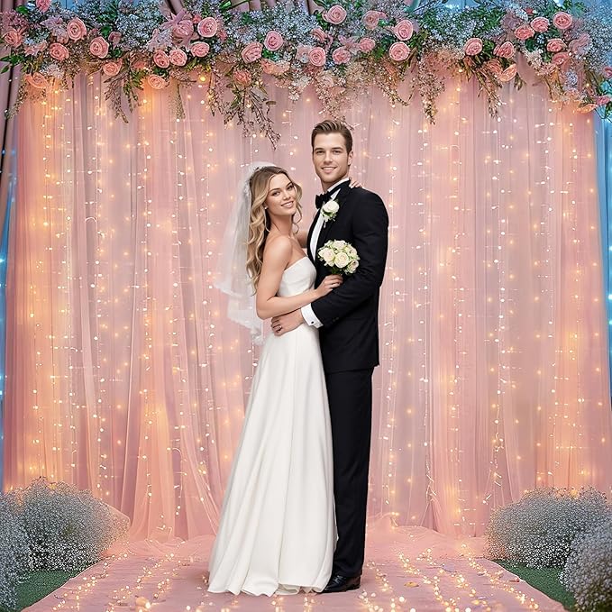 10ft x 10ft Peach Backdrop Curtain Panels with Lights String for Parties, Sheer Tulle Wedding Photo Backdrops Drapes for Baby Shower Birthday Party Decorations Background for Photography