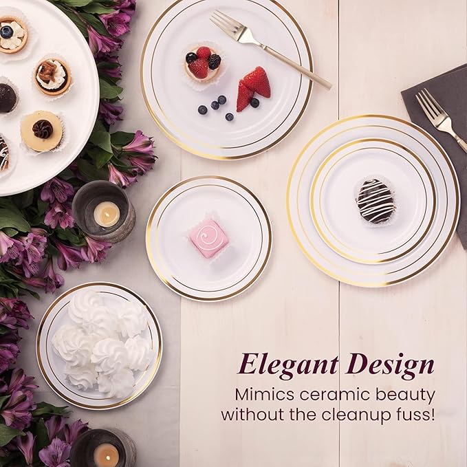 Aya's Cutlery Kingdom 100 White and Gold Plastic Plates for Thanksgiving Dinner - Fancy Plate for Party - 50 (10") Dinner and 50 (7.5") Salad Plates - Heavy Duty, Elegant Disposable Tableware Set