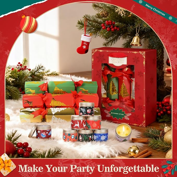 MOVINPE 8 Pack Christmas No Snap Party Table Favors, 10” Christmas Table Decorations with Scented Candles, Paper Crown, Joke Card, Traditions Holiday Family Dinner Gift Set