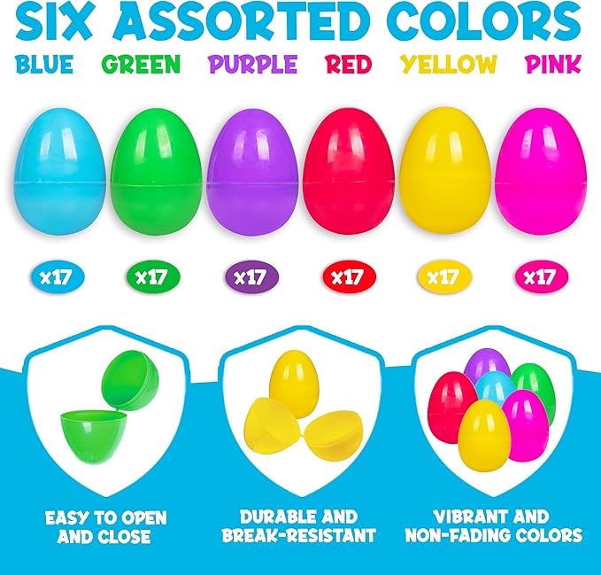 Giraffe Manufacturing 150 Pack 2.3" Hinged Easter Eggs Bulk Plastic Fillable – Assorted Bright Colors Candy Alternative Eggs for Egg Hunt, Party Favors, Classroom Prizes, Treasure Box Toys