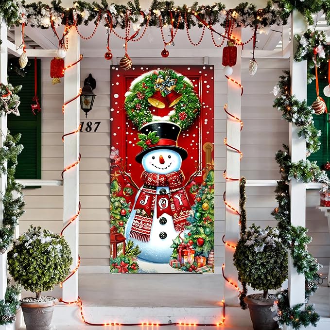 71 x 35 Inch Christmas Snowman Door Cover Banner - Festive Holiday Decorations, Large Front Door Porch Yard Sign Seasonal Backdrop for Wall Indoor Outdoor Xmas Photo Booth Props Winter Party Supplies