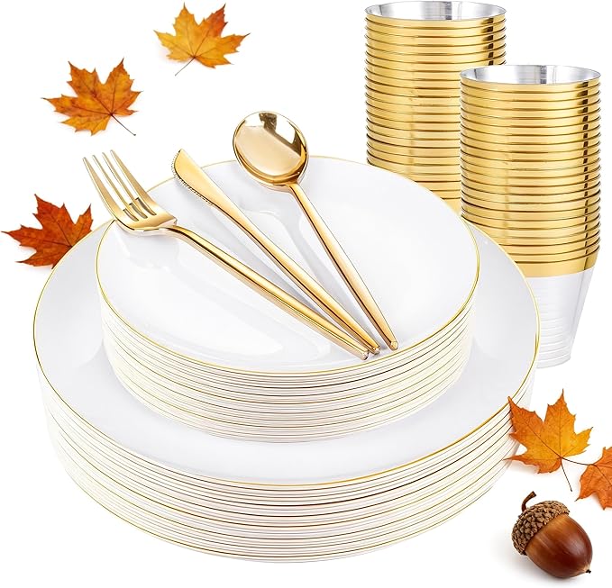 bUCLA 150PCS White and Gold Plastic Plates Disposable - 25 Guests Gold Dinnerware Set - Include 25 Each (Dinner & Dessert) Plates, 25 Knives, 25 Forks, 25 Spoons & 25 Cups for Party & Thanksgiving
