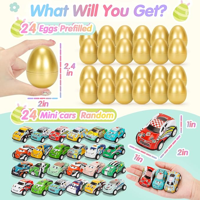 SevenQ Toy Cars Easter Egg Fillers 24 Pcs, Prefilled Easter Basket Stuffers Gifts for Kids Mini Race Car Party Favors Treasure Box Toys for Classroom Birthday Chest Prizes Goodie Bag Hunt Easter Games