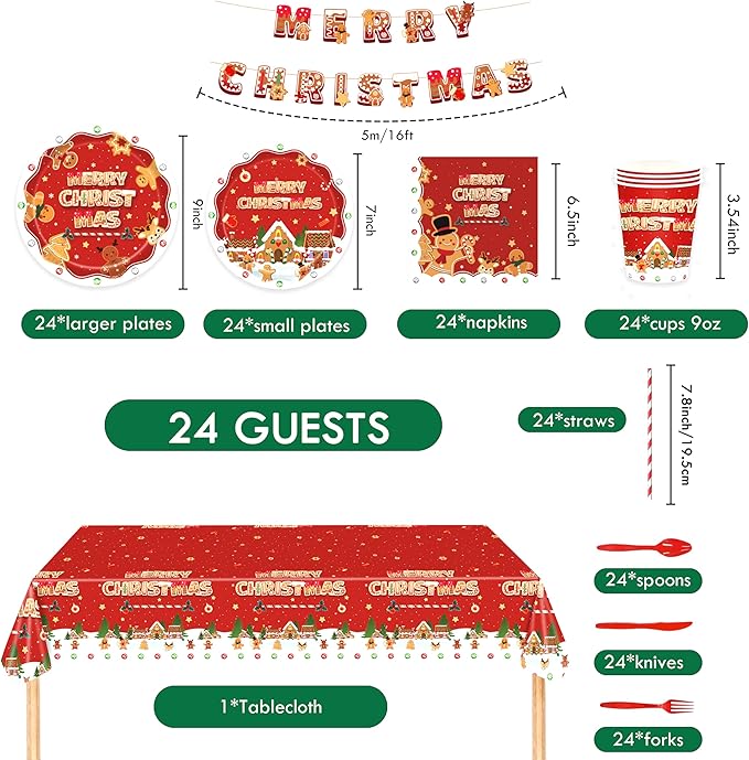 Christmas Party Supplies – 194 PCS Xmas Party Decorations for 24 Guests, Includes Plates, Cups, Napkins, Cutlery, Banner, Straws & Tablecloth, Festive Party Plates Set