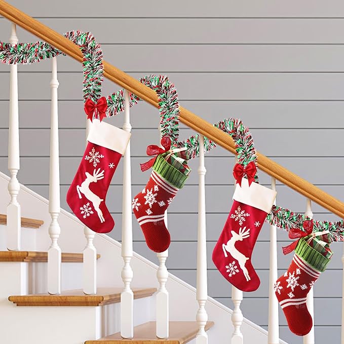 50 FT Red & Green & White Christmas Tinsel Garland Metallic Twist Shiny Hanging Garland for Christmas Tree Decorations Xmas Holiday Decor for Home Indoor Party Supplies - Red Green White