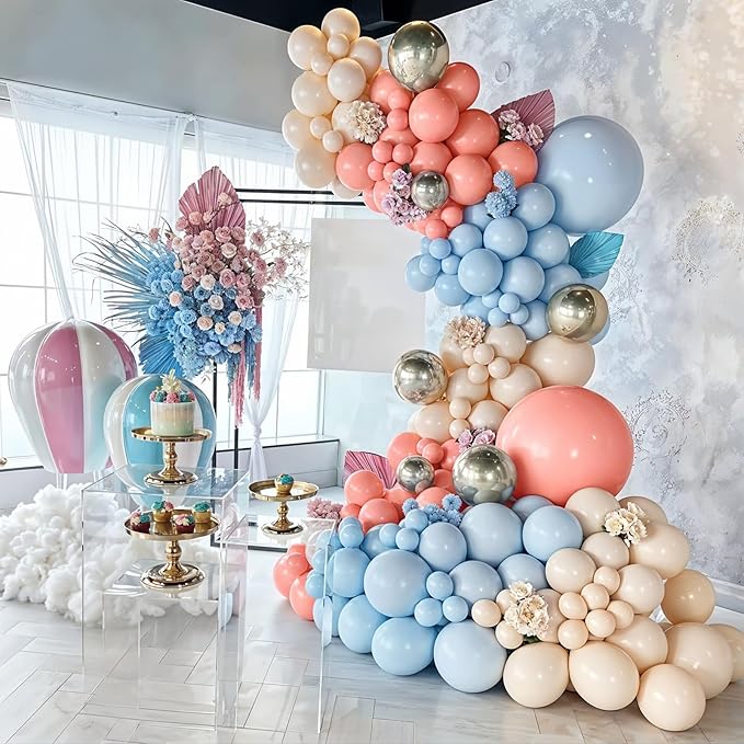 Gender Reveal Balloon Arch Garland Kit, Dusty Pink and Blue Balloons Metallic Gold Sand White Balloons for Gender Reveal Boho Bachelorette Birthday Baby Shower Bridal Bear Theme Party Decorations