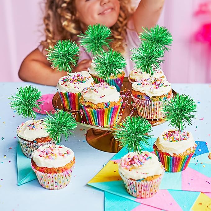Gyufise 30Pcs Foil Firework Cupcake Toppers Sparkle Tinsel Cake Toppers Tinsel Drink Cake Decoration Cocktail Picks for Birthday Wedding Graduation Party Supplies Dark Green