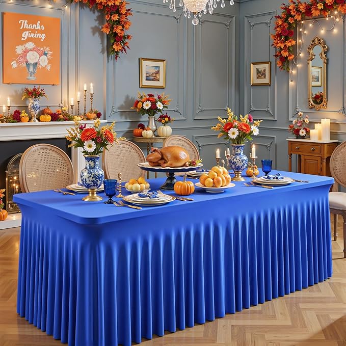 1 Pack Royal Blue Table Clothes for 8 Foot Rectangle Tables, One-Piece Wrinkle Resistant Stretch Spandex Table Covers with Skirt for Event Banquet Wedding Birthday Party