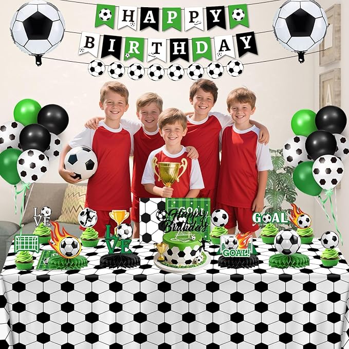 Soccer Birthday Party Decorations Includes Banner, Backdrop, Foil & Latex Balloons, Cake & Cupcake Toppers, Honeycomb Centerpieces for Boy Soccer Themed Party Decorations