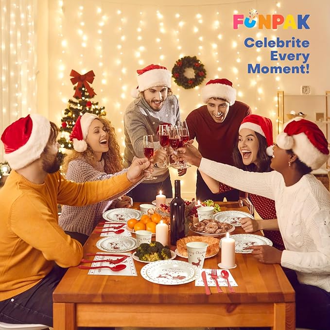 Christmas Plates and Napkins w/Cutlery & Cups, 50 Serve Reindeer Christmas Dinnerware Sets, Xmas Paper Plates Disposable Party Sets, Holiday Tableware for Winter Party Decorations Supplies (350 pcs)