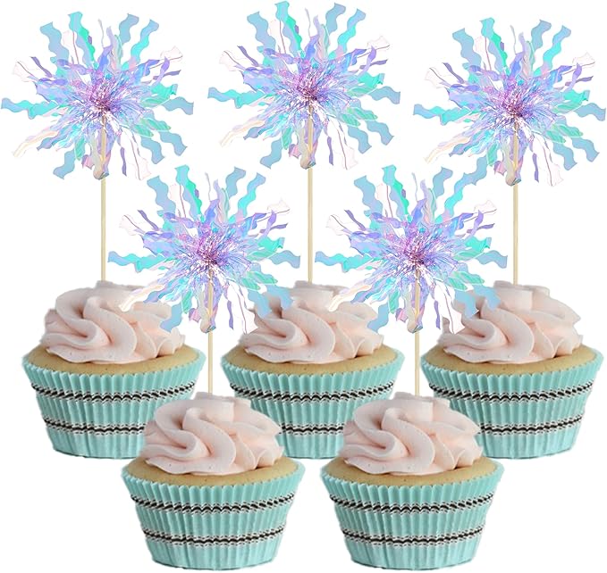 Gyufise 20Pcs Foil Firework Cupcake Toppers Happy Birthday Cake Toppers Sparkle Tinsel Flower Drink Stirrers Cocktail Food Fruit Toothpicks for Valentine's Day Party Supplies Light Blue