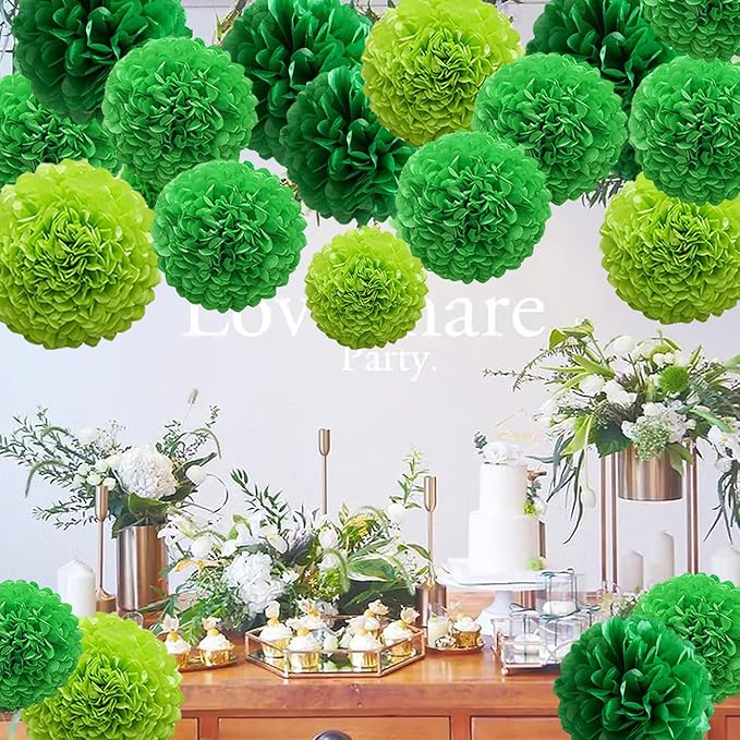 12Pcs Green Hanging Tissue Paper Pom Poms,Pompoms Flowers for St. Patrick's Day,Baby Shower,Birthday GraduationParty Decorations