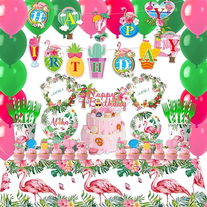 167Pcs Hawaiian Aloha Party Decorations Flamingo Party Plates Napkins Cups Forks Straws Balloons Banner Tablecloth Cake Toppers Hawaiian Luau Aloha Tropical Birthday Party Supplies