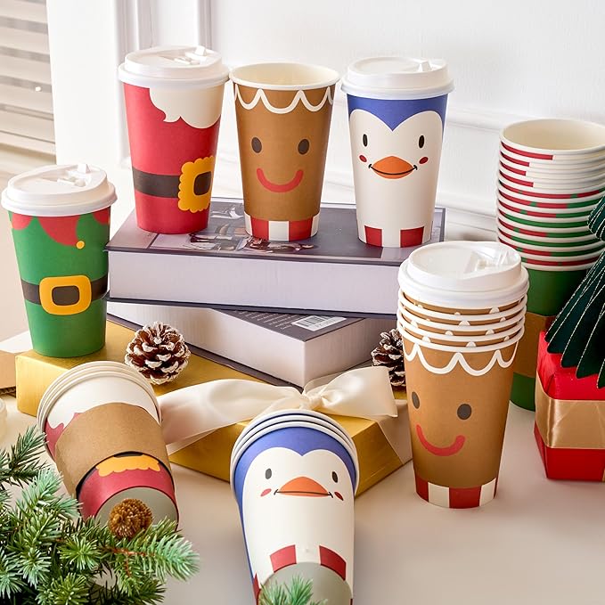 JOYIN 24 PCS Merry Christmas Disposable Paper Cups with Sleeves and Lids, 6 Designs Xmas Drinkware 16 oz, Snowflake Santa Elk Cups for Hot Coffee Cold Beverage Holiday Tableware Supplies Favors