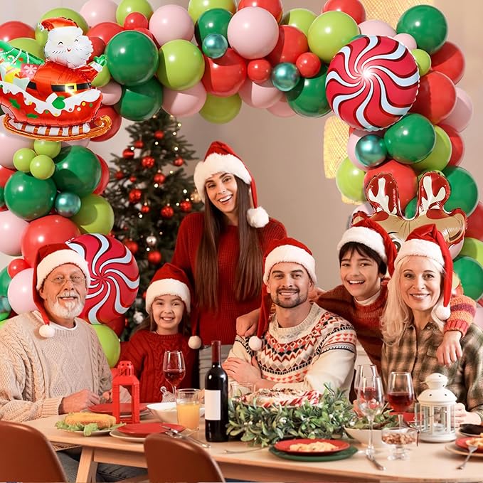 Christmas Balloon Arch Kit, Red Pink Green Christmas Balloon Garland Kit for Xmas Party Decorations, Xmas Balloon Arch Garland with Elk, Santa Claus, Windmill Foil Balloons