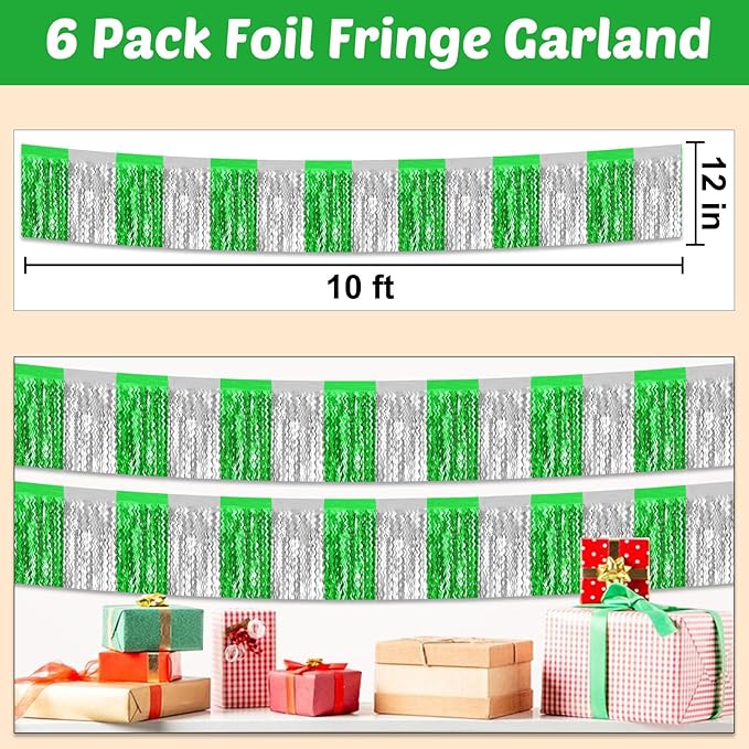 6 Pack 10 Feet Silver Green Wave Foil Fringe Garland Metallic Tinsel Streamers Banner Wall Hanging Curtain Backdrop for Parade Floats, Mother's Day, Easter, Wedding, Birthday Party Decoration