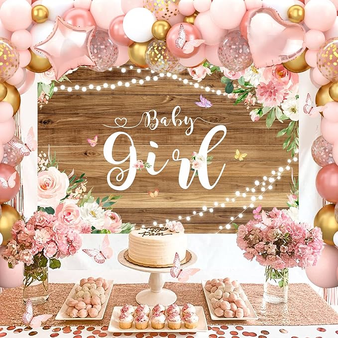 Rose Gold Retro Blush Pink Balloon Arch Garland Kit with Baby Balloon Boxes and Letters, Girl Birthday Backdrop for Butterfly Shower Decor
