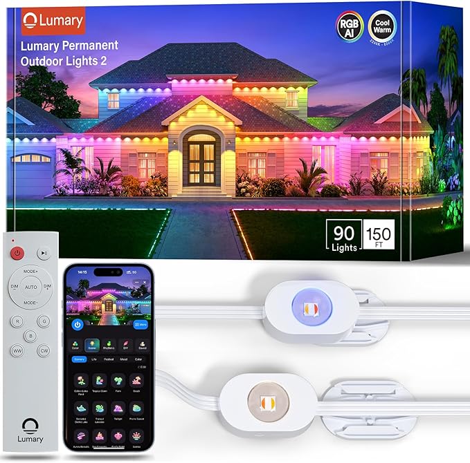 Lumary Permanent Outdoor Lights 2 with Remote, Slide-Base, 150ft with 90 RGBAICW LEDs 5400lm for House Daily & Accent Lighting, DIY 110+ Scene for Christmas Decor, Work with Alexa Google, White
