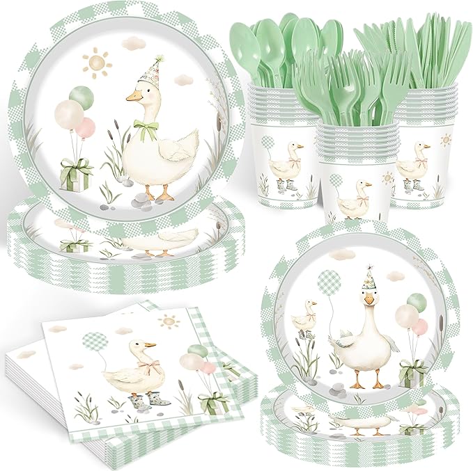Pet Duck Birthday Decorations Supplies, 140PCS Disposable Paper Dinnerware Set Paper Plates Napkins Cups Set for 20 Guests Duck