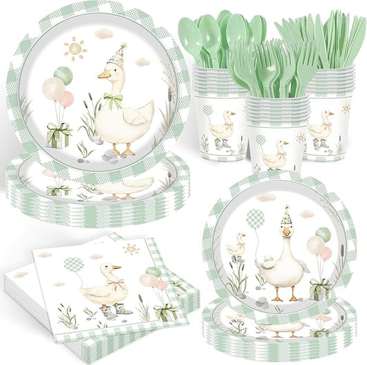 Pet Duck Birthday Decorations Supplies, 140PCS Disposable Paper Dinnerware Set Paper Plates Napkins Cups Set for 20 Guests Duck