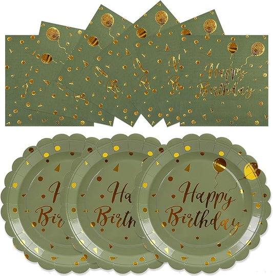 50PCS Happy Birthday Paper Plates and Napkins Set - 7 Inch Sage Green and Gold Birthday Cake Plates Scalloped Dessert Plate Disposable Tableware for Birthday's Party Supplies Decorations