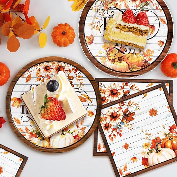 Egami 40pcs Thanksgiving Party Supplies,include 20 Dessert plate and 20 Napkin,Thanksgiving Party Plate Napkin Set，Used for Maple Leaf Party Decoration