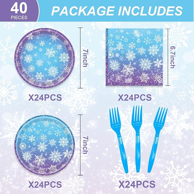 96Pcs Frozen Birthday Party Decorations Frozen Tableware Set Snowflake Christmas Plates Napkins Forks Serves 24 Guests Baby Shower Winter Wonderland Decorations
