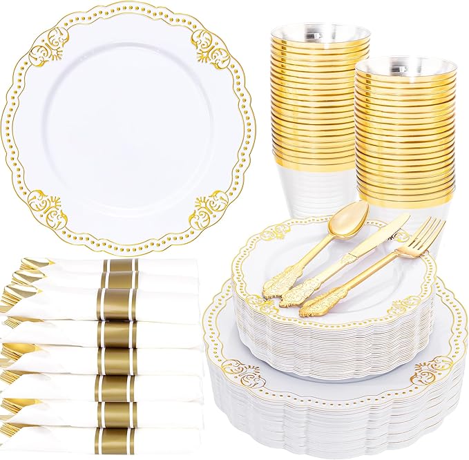 Ciaell 350 PCS Gold Plastic Plates - White and Gold Plates - Gold Disposable Plates Include 50 Disposable Plate, 150 Heavy Duty Silverware, 50 Cups, 50 Napkins for Wedding & Party & Thanksgiving