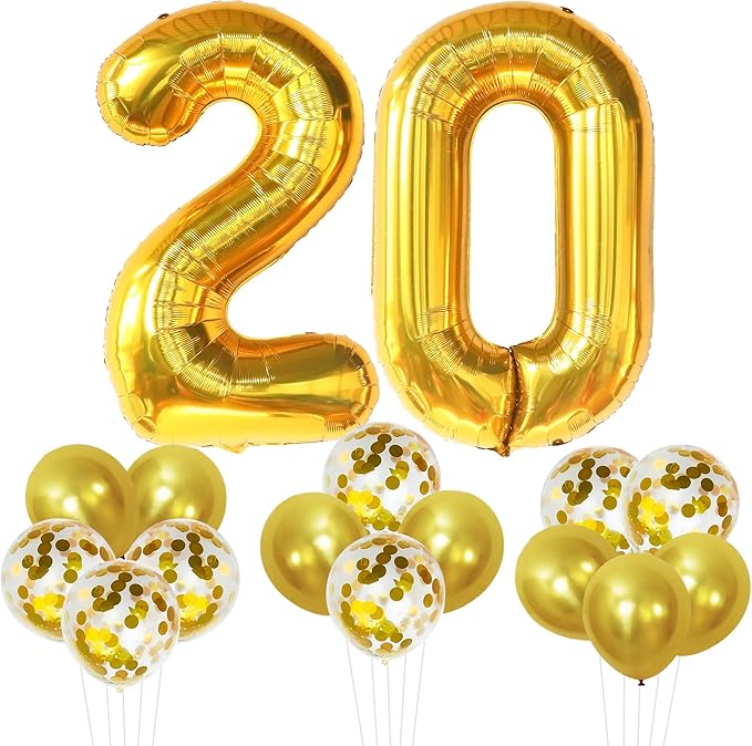 KatchOn, Gold 20 Balloon Numbers - Pack of 16 | Foil Balloon For 20th Birthday Decorations | 20th Anniversary Decorations | Gold Birthday Party Decoration
