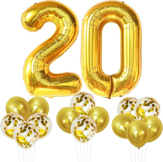 KatchOn, Gold 20 Balloon Numbers - Pack of 16 | Foil Balloon For 20th Birthday Decorations | 20th Anniversary Decorations | Gold Birthday Party Decoration
