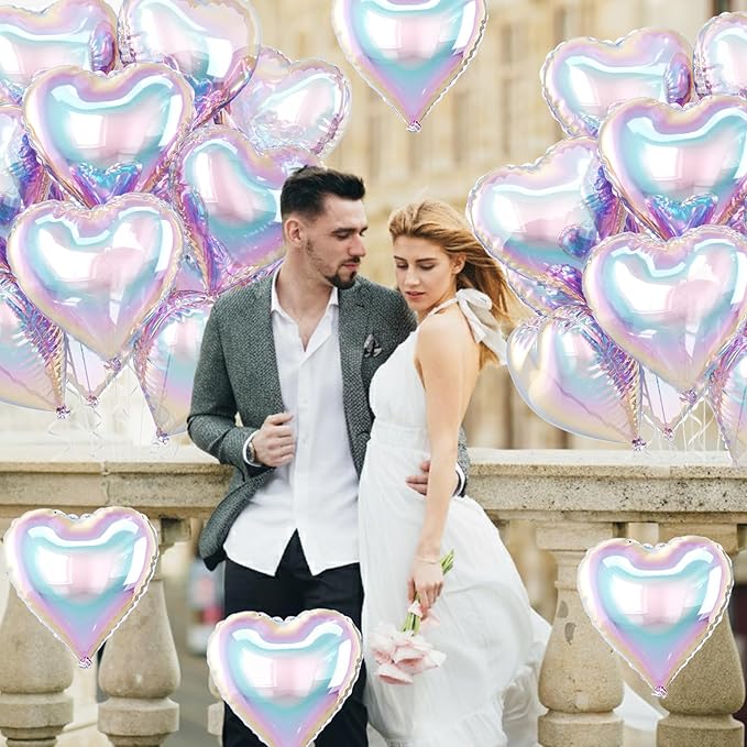 Iridescent Heart Balloons, 10 Pcs Transparent Rainbow Heart Shaped Balloon, 18 Inch Gradient Clear Foil Balloons for Engagement Brithday Baby Shower Wedding Valentines Mermaid Party Decorations