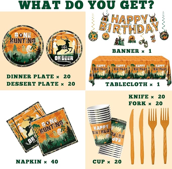 Hunting Birthday Party Decorations for Boys Oh Deer Hunting Party Plates and Napkins Camo Hunting Decor includes Cups tablecloth Banner for Gone Hunting Party Supplies