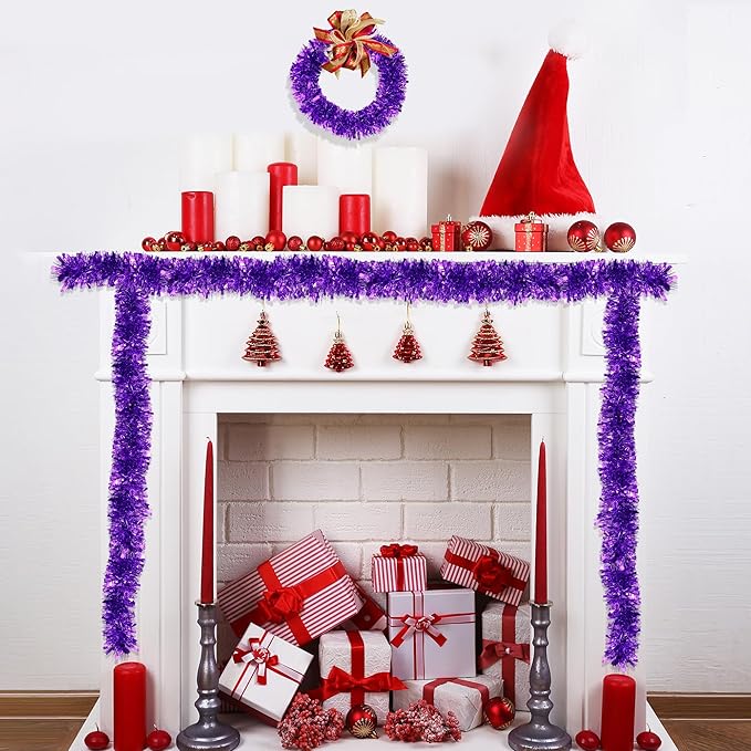 50FT Purple Christmas Tinsel Garland Metallic Twist Xmas Garland for Christmas Tree Decorations Holiday Hanging Garlands for Mantel Staircase Indoor Outdoor Home Office Class Party Holiday Decor